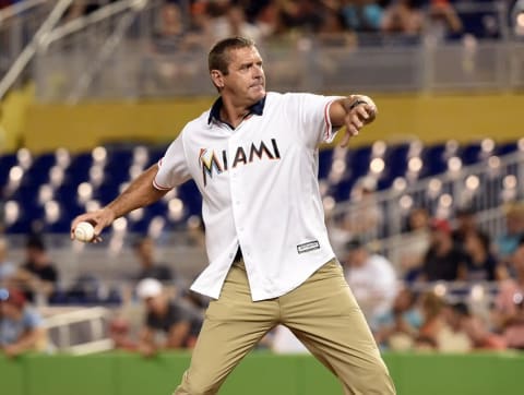 May 21, 2016; Miami, FL, USA; Florida Marlins former pitcher Kevin Brown throws out the first pitch before a game against the Washington Nationals at Marlins Park. Mandatory Credit: Steve Mitchell-USA TODAY Sports