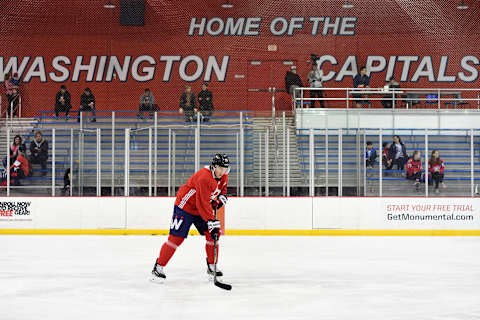 ARLINGTON, VA – MARCH 02: T.J. Oshie #77 of the Washington Capitals skates during practice for the 2018 Coors Light Stadium Series at Kettler Capitals Iceplex on March 2, 2018 in Arlington, Virginia. (Photo by Patrick McDermott/NHLI via Getty Images)