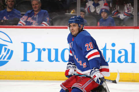 NEWARK, NEW JERSEY – JANUARY 31: Chris Kreider #20 of the New York Rangers kneels on the ice during a play stoppage during the third period against the New Jersey Devils at the Prudential Center on January 31, 2019 in Newark, New Jersey. The Rangers defeated the Devils 4-3.(Photo by Bruce Bennett/Getty Images)