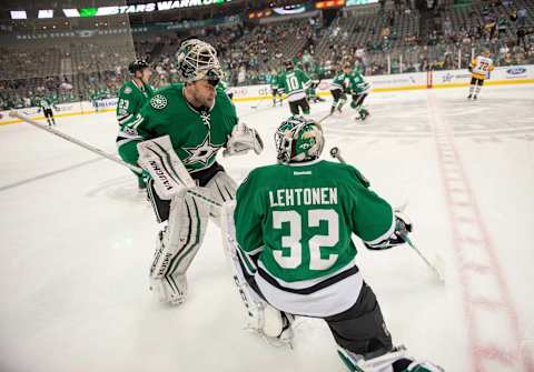 Feb 28, 2017; Dallas, TX, USA; Dallas Stars goalie Antti Niemi (31) and goalie Kari Lehtonen (32) talk before the game against the Pittsburgh Penguins at the American Airlines Center. The Stars defeat the Penguins 3-2. Mandatory Credit: Jerome Miron-USA TODAY Sports