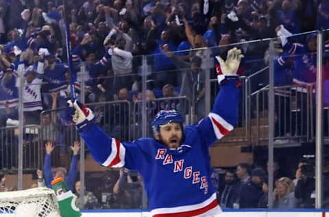 NEW YORK, NEW YORK – MAY 28: Tyler Motte #64 of the New York Rangers celebrates is the first-period goal against the Carolina Hurricanes in Game Six of the Second Round of the 2022 Stanley Cup Playoffs at Madison Square Garden on May 28, 2022, in New York City. The Rangers defeated the Hurricanes 5-2. (Photo by Bruce Bennett/Getty Images)