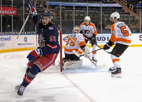 Mar 17, 2021; New York, New York, USA; power-play goal against Philadelphia Flyers goaltender Carter Hart. Credit: Bruce Bennett/POOL PHOTOS-USA TODAY Sports