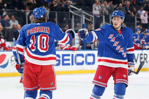 NEW YORK, NY – NOVEMBER 06: Artemi Panarin #10 and Ryan Strome #16 of the New York Rangers celebrate after scoring as goal in the third period against the Detroit Red Wings at Madison Square Garden on November 6, 2019 in New York City. (Photo by Jared Silber/NHLI via Getty Images)