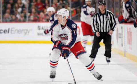 Dec 31, 2016; Saint Paul, MN, USA; Columbus Blue Jackets forward Matt Calvert (11) skates with the puck in the first period against the Minnesota Wild at Xcel Energy Center. Mandatory Credit: Brad Rempel-USA TODAY Sports