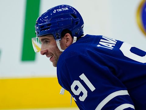 Apr 26, 2022; Toronto, Ontario, CAN; Toronto Maple Leafs forward John Tavares (91) smiles during warm up before a game against the Detroit Red Wings at Scotiabank Arena. Mandatory Credit: John E. Sokolowski-USA TODAY Sports