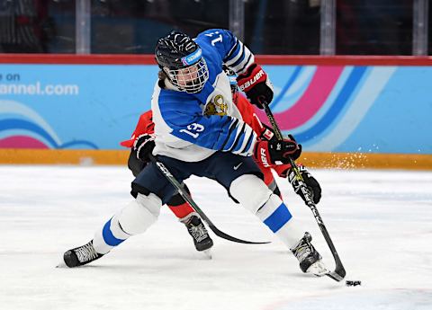 Joakim Kemell of Finland is challenged by Mats Lindgren of Team Canada during the Men’s 6-Team Ice Hockey Tournament at the Lausanne 2020 Winter Youth Olympics (Photo by Matthias Hangst/Getty Images)