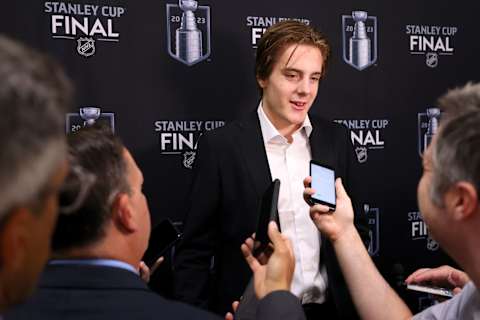 LAS VEGAS, NEVADA – JUNE 05: Top prospect Leo Carlsson speaks to the media prior to Game Two of the 2023 NHL Stanley Cup Final between the Florida Panthers and the Vegas Golden Knights at T-Mobile Arena on June 05, 2023 in Las Vegas, Nevada. (Photo by Bruce Bennett/Getty Images)