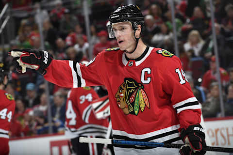 CHICAGO, IL – MARCH 18: Jonathan Toews #19 of the Chicago Blackhawks reacts to a call in the second period against the St. Louis Blues at the United Center on March 18, 2018 in Chicago, Illinois. (Photo by Bill Smith/NHLI via Getty Images)