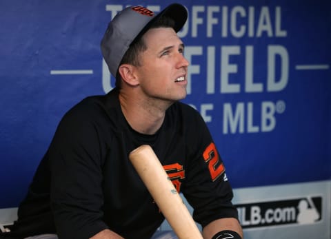 PHILADELPHIA, PA – MAY 08: Catcher Buster Posey #28 of the San Francisco Giants looks on from the dugout before a game against the Philadelphia Phillies at Citizens Bank Park on May 8, 2018, in Philadelphia, Pennsylvania. (Photo by Rich Schultz/Getty Images)