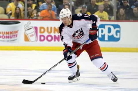 Apr 12, 2017; Pittsburgh, PA, USA; Columbus Blue Jackets right wing Cam Atkinson (13) skates with the puck against the Pittsburgh Penguins during the third period in game one of the first round of the 2017 Stanley Cup Playoffs at PPG PAINTS Arena. The Penguins won 3-1.Mandatory Credit: Charles LeClaire-USA TODAY Sports