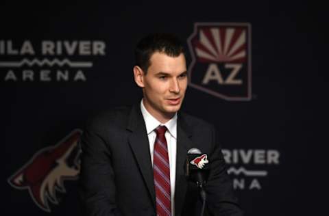 PHOENIX, AZ – MAY 05: John Chayka of the Arizona Coyotes addresses the media during a press conference introducing him as the new general manager for the team at Gila River Arena on May 05, 2016 in Phoenix, Arizona. (Photo by Norm Hall/NHLI via Getty Images)