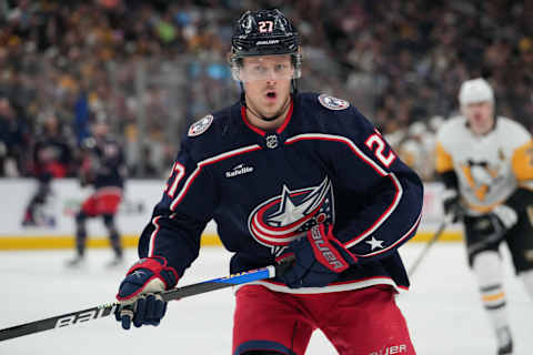 COLUMBUS, OHIO – APRIL 13: Adam Boqvist #27 of the Columbus Blue Jackets skates during the first period against the Pittsburgh Penguins at Nationwide Arena on April 13, 2023 in Columbus, Ohio. (Photo by Jason Mowry/Getty Images)