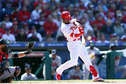 Cutch gets the party started in his first at-bat as a Phillie. Photo by Rob Tringali/MLB Photos via Getty Images.