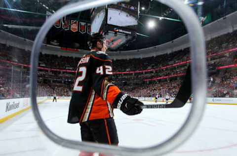 ANAHEIM, CA: Josh Manson #42 of the Anaheim Ducks waits for play to begin during the second period of the game against the Colorado Avalanche April 1, 2018. (Photo by Debora Robinson/NHLI via Getty Images)