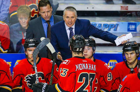 Mar 7, 2016; Calgary, Alberta, CAN; Calgary Flames head coach Bob Hartley on his bench against the San Jose Sharks during the second period at Scotiabank Saddledome. Mandatory Credit: Sergei Belski-USA TODAY Sports