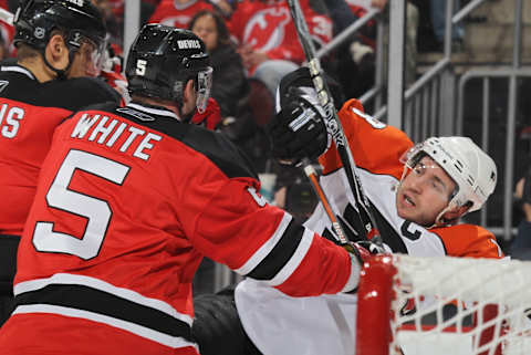 Colin White #5 of the New Jersey Devils . (Photo by Bruce Bennett/Getty Images)