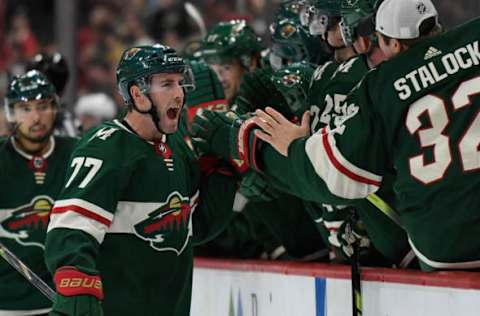 ST PAUL, MINNESOTA – OCTOBER 20: Brad Hunt #77 of the Minnesota Wild celebrates scoring a power-play goal against the Montreal Canadiens during the third period of the game at Xcel Energy Center on October 20, 2019, in St Paul, Minnesota. The Wild defeated the Canadiens 4-3. (Photo by Hannah Foslien/Getty Images)