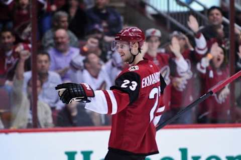 Feb 15, 2016; Glendale, AZ, USA; Arizona Coyotes defenseman Oliver Ekman-Larsson (23) celebrates after scoring a goal in the second period against the Montreal Canadiens at Gila River Arena. Mandatory Credit: Matt Kartozian-USA TODAY Sports