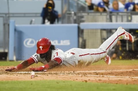 Herrera Dives Across Home Plate To Score a Fifth-Inning Run. Photo by Kelvin Kuo – USA TODAY Sports.