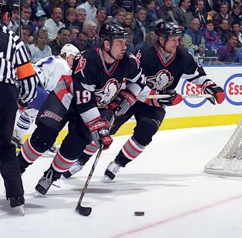 TORONTO, ON – MAY 23: Brian Holzinger #19 of the Buffalo Sabres skates against the Toronto Maple Leafs during the 1999 NHL Semi-Final playoff game action at Air Canada Centre in Toronto, Ontario, Canada. (Photo by Graig Abel/Getty Images)