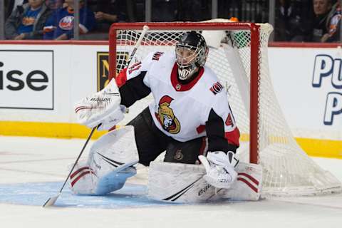 UNIONDALE, NY – NOVEMBER 05: Ottawa Senators Goalie Craig Anderson (41) makes a glove save during the second period the National Hockey League game between the Ottawa Senators and the New York Islanders on November 5, 2019, at the Barclays Center in Brooklyn, NY. (Photo by Gregory Fisher/Icon Sportswire via Getty Images)