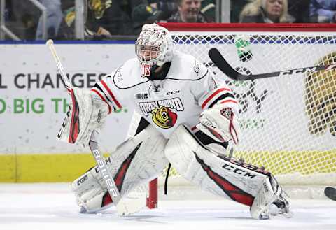 LONDON, ON – FEBRUARY 08: Mack Guzda #1 of the Owen Sound Attack guards the net in the first period during OHL game action against the London Knights at Budweiser Gardens on February 8, 2019 in London, Canada. (Photo by Tom Szczerbowski/Getty Images)