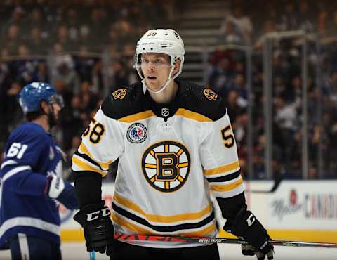 TORONTO, ONTARIO – NOVEMBER 15: Urho Vaakanainen #58 of the Boston Bruins skates against the Toronto Maple Leafs at the Scotiabank Arena on November 15, 2019 in Toronto, Ontario, Canada. (Photo by Bruce Bennett/Getty Images)