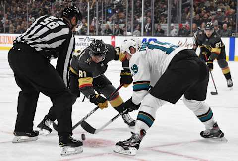 LAS VEGAS, NEVADA – OCTOBER 02: Jonathan Marchessault #81 of the Vegas Golden Knights faces off with Joe Thornton #19 of the San Jose Sharks during the first period at T-Mobile Arena on October 02, 2019 in Las Vegas, Nevada. (Photo by David Becker/NHLI via Getty Images)