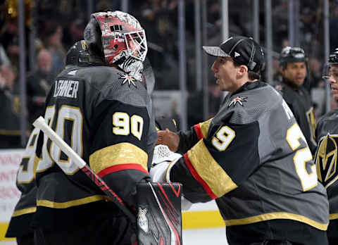 Robin Lehner #90 and Marc-Andre Fleury #29 of the Vegas Golden Knights. (Photo by Ethan Miller/Getty Images)