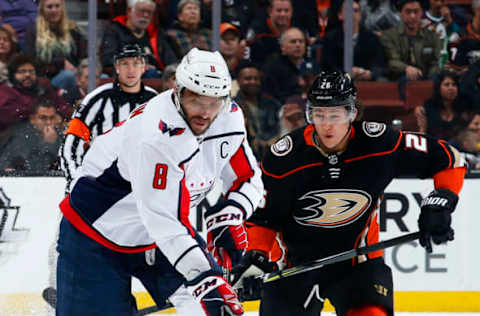 ANAHEIM, CA – MARCH 6: Alex Ovechkin #8 of the Washington Capitals skates with the puck with pressure from Brandon Montour #26 of the Anaheim Ducks during the game on March 6, 2018, at Honda Center in Anaheim, California. (Photo by Debora Robinson/NHLI via Getty Images) *** Local Caption ***