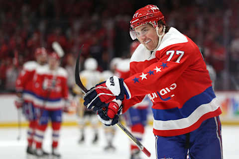 WASHINGTON, DC – FEBRUARY 23: T.J. Oshie #77 of the Washington Capitals celebrates his goal against the Pittsburgh Penguins during the third period at Capital One Arena on February 23, 2020 in Washington, DC. (Photo by Patrick Smith/Getty Images)