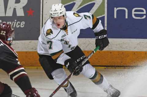 PETERBOROUGH, ON – FEBRUARY 21: Joey Keane #7 of the London Knights skates with the puck against the Peterborough Petes in an OHL game at the Peterborough Memorial Centre on February 21, 2019 in Peteborough, Ontario, Canada. The Petes defeated the Knights 3-1. (Photo by Claus Andersen/Getty Images)