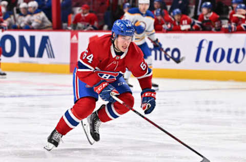 MONTREAL, QC – FEBRUARY 13: Corey Schueneman #64 of the Montreal Canadiens skates against the Buffalo Sabres during the third period at Centre Bell on February 13, 2022 in Montreal, Canada. The Buffalo Sabres defeated the Montreal Canadiens 5-3. (Photo by Minas Panagiotakis/Getty Images)