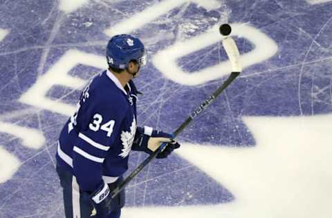 Oct 27, 2016; Toronto, Ontario, CAN; Toronto Maple Leafs center Auston Matthews (34) warms up before playing against the Florida Panthers at Air Canada Centre. Mandatory Credit: Tom Szczerbowski-USA TODAY Sports