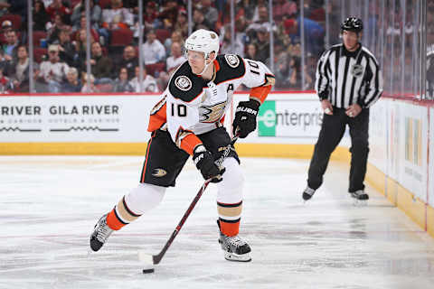 GLENDALE, ARIZONA – MARCH 14: Corey Perry #10 of the Anaheim Ducks skates with the puck during the third period of the NHL game against the Arizona Coyotes at Gila River Arena on March 14, 2019 in Glendale, Arizona. The Coyotes defeated the Ducks 6-1. (Photo by Christian Petersen/Getty Images)