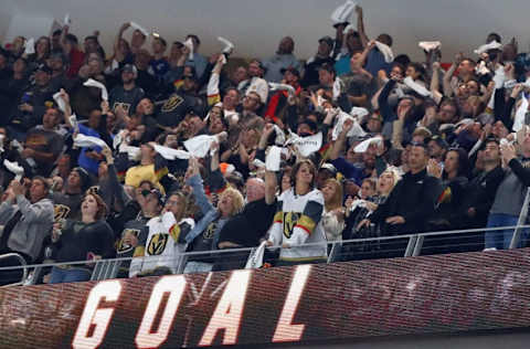 LAS VEGAS, NV – OCTOBER 10: Vegas Golden Knights fans celebrate a goal against the Arizona Coyotes during the Golden Knights’ inaugural regular-season home opener at T-Mobile Arena on October 10, 2017, in Las Vegas, Nevada. The Golden Knights defeated the Coyotes 5-2. (Photo by Bruce Bennett/Getty Images)