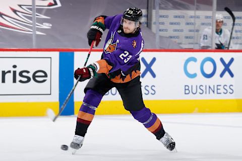 GLENDALE, ARIZONA – MARCH 27: Oliver Ekman-Larsson #23 of the Arizona Coyotes shoots the puck against the San Jose Sharks during the NHL game at Gila River Arena on March 27, 2021, in Glendale, Arizona. The Coyotes defeated the Sharks 4-0. (Photo by Christian Petersen/Getty Images)