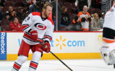 PHILADELPHIA, PA – APRIL 09: Bryan Bickell #29 of the Carolina Hurricanes skates the puck during warmups prior to his game against the Philadelphia Flyers on April 9, 2017 at the Wells Fargo Center in Philadelphia, Pennsylvania. Tonight’s game will be Bickell’s last in the NHL due to his Multiple Sclerosis diagnosis. (Photo by Len Redkoles/NHLI via Getty Images)