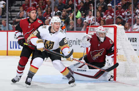 GLENDALE, ARIZONA – OCTOBER 10: Paul Stastny #26 of the Vegas Golden Knights sets up in front of goaltender Darcy Kuemper #35 of the Arizona Coyotes during the second period of the NHL game at Gila River Arena on October 10, 2019 in Glendale, Arizona. (Photo by Christian Petersen/Getty Images)