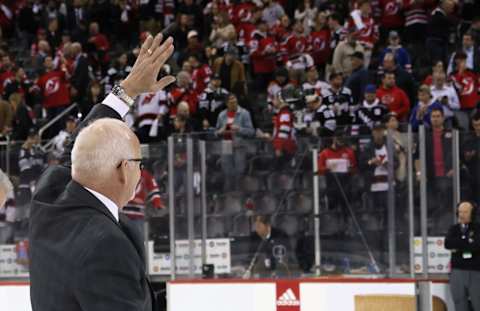 Head coach Lindy Ruff of the New Jersey Devils waves to the crowd. (Photo by Bruce Bennett/Getty Images)