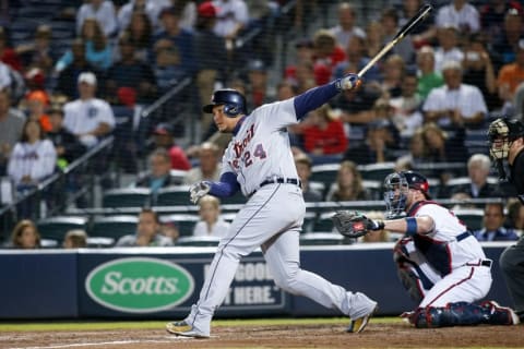 Sep 30, 2016; Atlanta, GA, USA; Detroit Tigers first baseman Miguel Cabrera (24) hits a single against the Atlanta Braves in the fifth inning at Turner Field. Mandatory Credit: Brett Davis-USA TODAY Sports