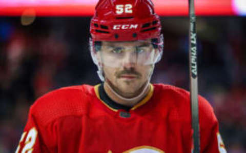 Nov 1, 2022; Calgary, Alberta, CAN; Calgary Flames defenseman MacKenzie Weegar (52) against the Seattle Kraken during the second period at Scotiabank Saddledome. Mandatory Credit: Sergei Belski-USA TODAY Sports