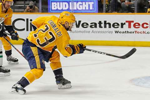 NASHVILLE, TENNESSEE – APRIL 20: Rocco Grimaldi #23 of the Nashville Predators plays against the Dallas Stars in Game Five of the Western Conference First Round during the 2019 NHL Stanley Cup Playoffs at Bridgestone Arena on April 20, 2019 in Nashville, Tennessee. (Photo by Frederick Breedon/Getty Images)