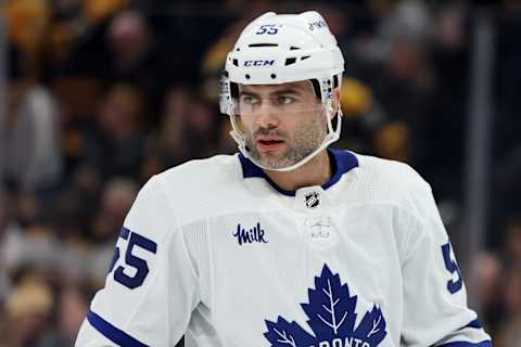 BOSTON, MASSACHUSETTS – JANUARY 14: Mark Giordano #55 of the Toronto Maple Leafs  (Photo by Maddie Meyer/Getty Images)