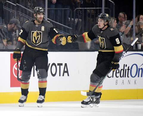 LAS VEGAS, NEVADA – SEPTEMBER 15: Max Pacioretty #67 of the Vegas Golden Knights celebrates with Cody Glass #9 after Pacioretty scored a first-period goal against the Arizona Coyotes during their preseason game at T-Mobile Arena on September 15, 2019 in Las Vegas, Nevada. The Golden Knights defeated the Coyotes 6-2. (Photo by Ethan Miller/Getty Images)