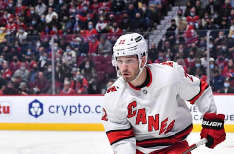 MONTREAL, QC – OCTOBER 21: Brett Pesce #22 of the Carolina Hurricanes skates against the Montreal Canadiens during the second period at Centre Bell on October 21, 2021, in Montreal, Canada. The Carolina Hurricanes defeated the Montreal Canadiens 4-1. (Photo by Minas Panagiotakis/Getty Images)