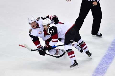 Nov 8, 2016; Denver, CO, USA; Arizona Coyotes defenseman Anthony DeAngelo (77) celebrates his goal with Arizona Coyotes left wing Max Domi (16) during the second period against the Colorado Avalanche at Pepsi Center. Mandatory Credit: Ron Chenoy-USA TODAY Sports