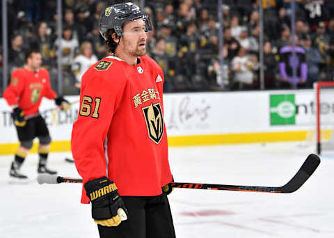 LAS VEGAS, NEVADA – FEBRUARY 08: Mark Stone #61 of the Vegas Golden Knights warms up prior to a game against the Carolina Hurricanes at T-Mobile Arena on February 08, 2020 in Las Vegas, Nevada. (Photo by Jeff Bottari/NHLI via Getty Images)