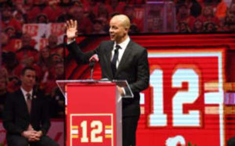 Mar 2, 2019; Calgary, Alberta, CAN; Former Calgary Flames captain Jarome Iginla speaks at his ceremony to retire his jersey before the Calgary Flames take on the Minnesota Wild at Scotiabank Saddledome. Mandatory Credit: Candice Ward-USA TODAY Sports