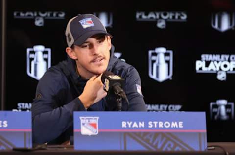 TAMPA, FLORIDA – JUNE 05: Ryan Strome #16 of the New York Rangers speaks with the media prior to the game against the Tampa Bay Lightning in Game Three of the Eastern Conference Final of the 2022 Stanley Cup Playoffs at Amalie Arena on June 05, 2022, in Tampa, Florida. (Photo by Bruce Bennett/Getty Images)